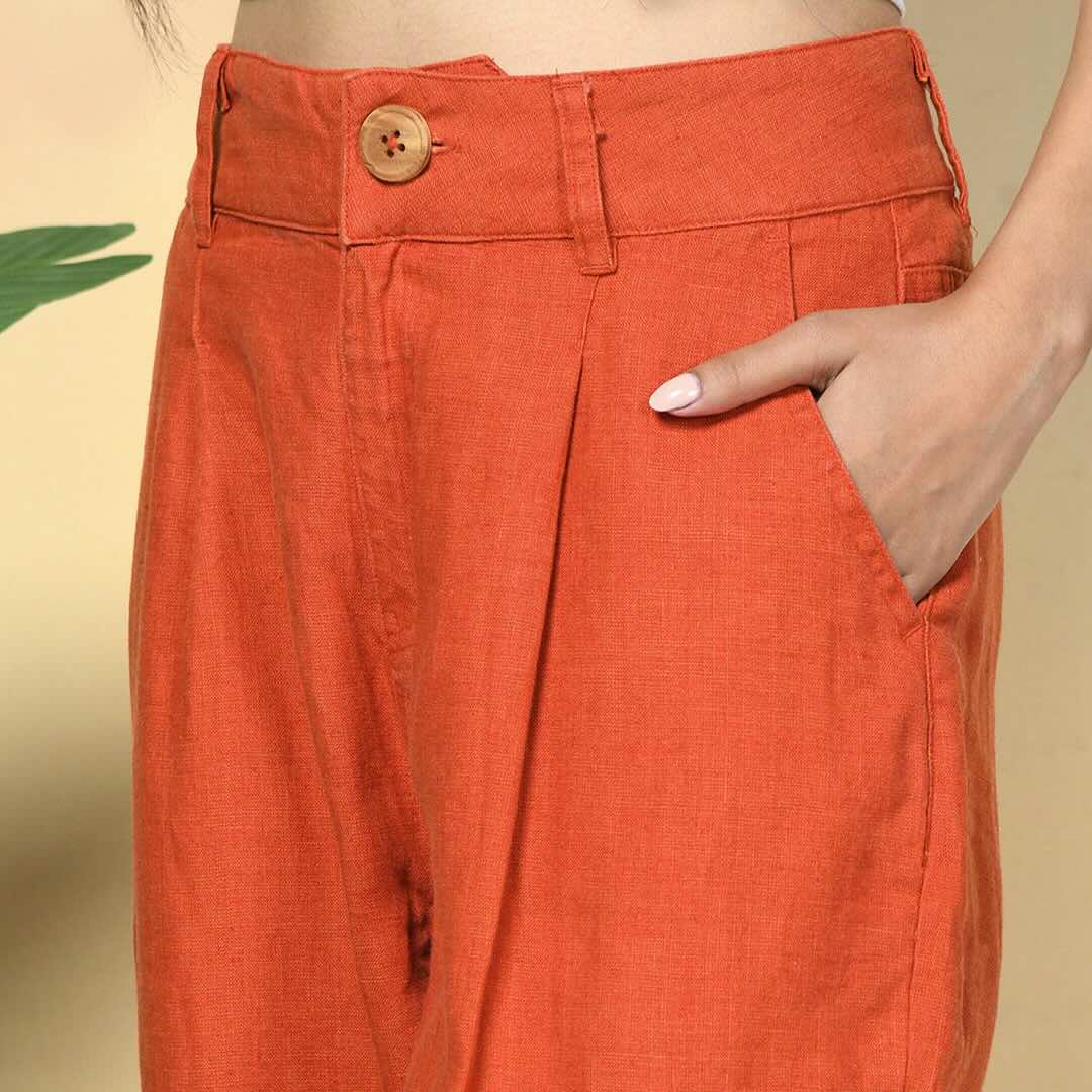 Linen Boxy Crop Top & Carrot Pants Set for Women- Rust