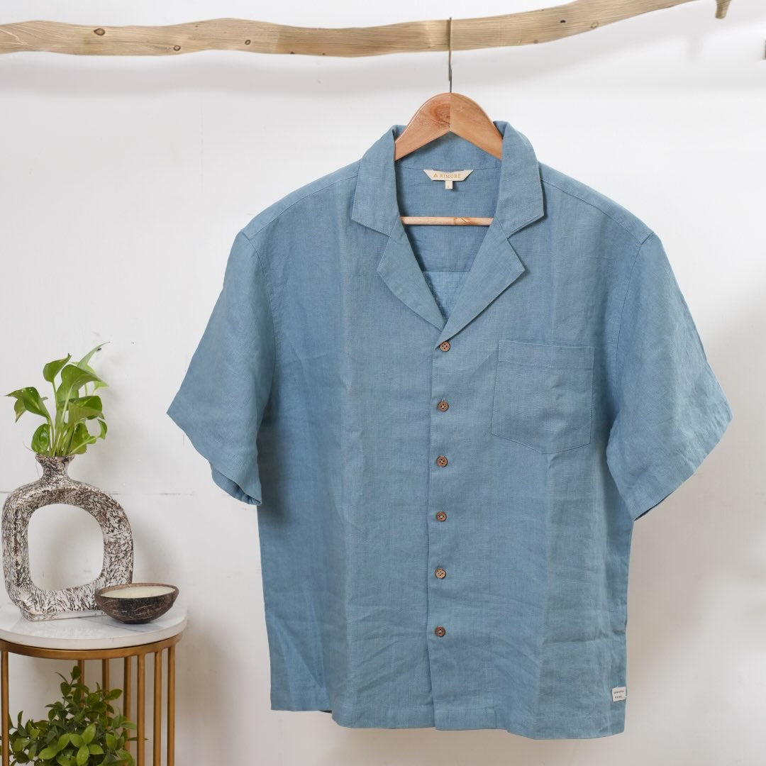 Resort Collar Short Sleeve Shirt - 100% Premium Linen - Men - Aquamarine Blue
