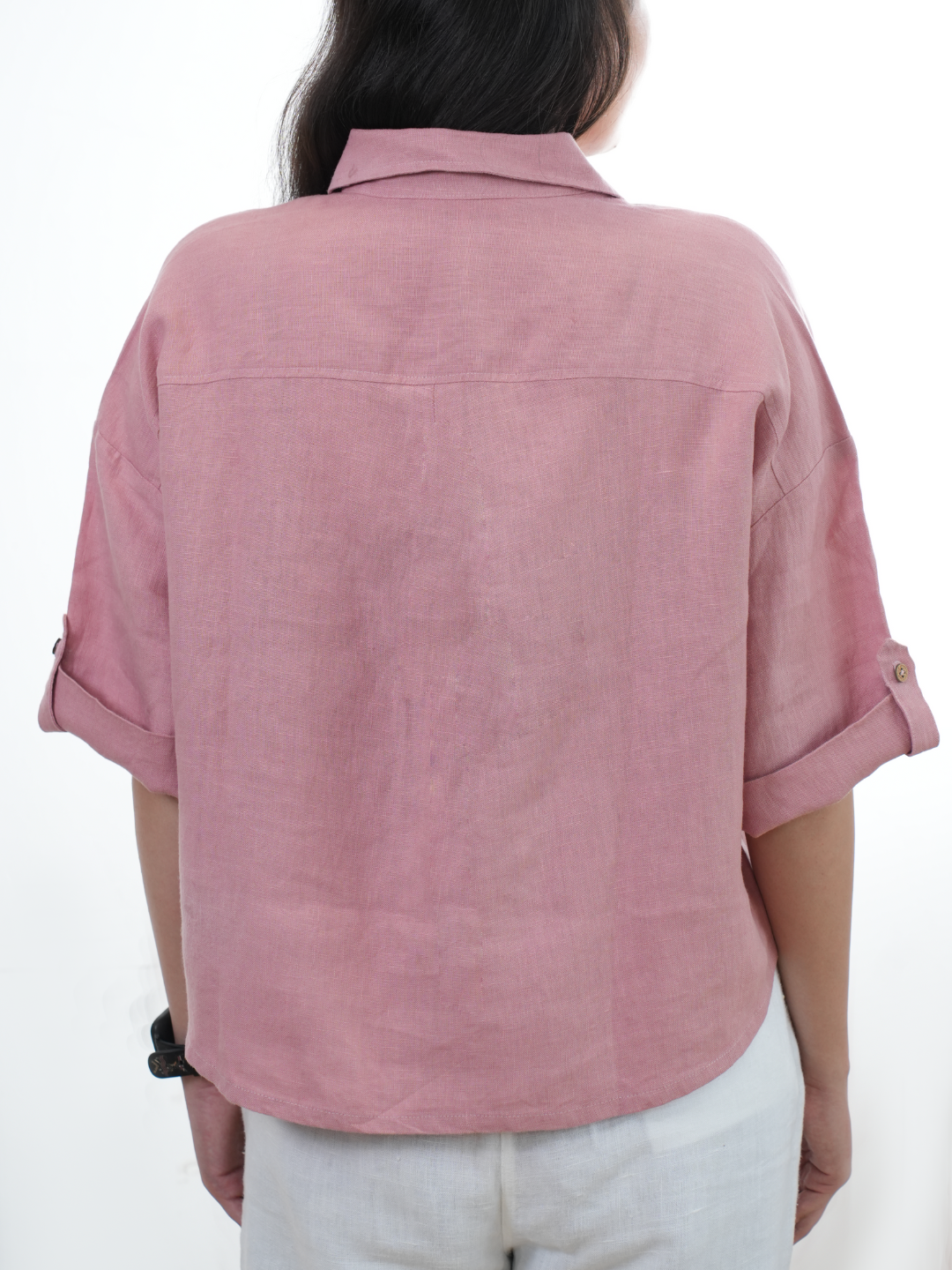 Oversize Boxy Crop Shirt - Women- 100% Premium Linen - Rose