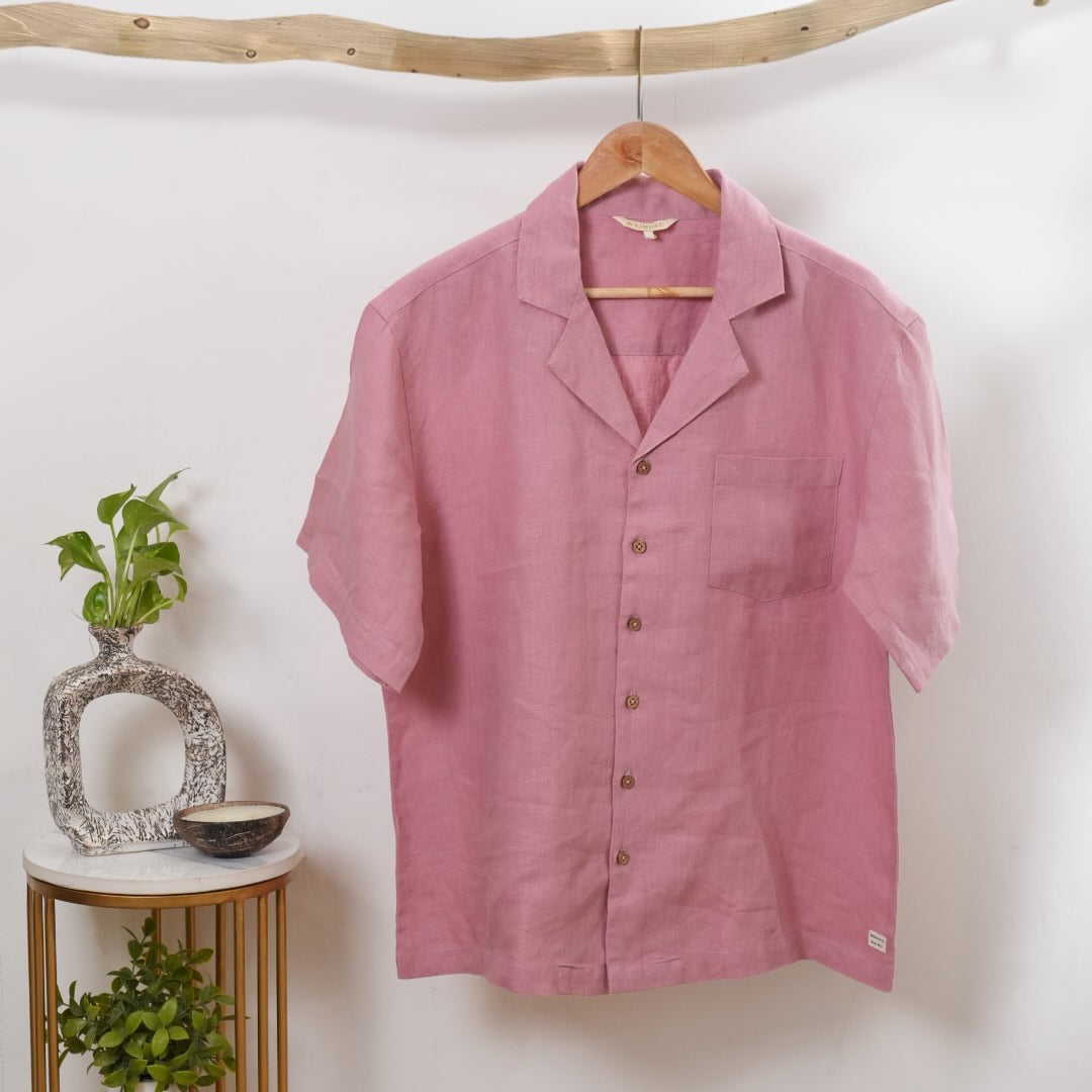 Resort Collar Short Sleeve Shirt - 100% Premium Linen - Men - Rose