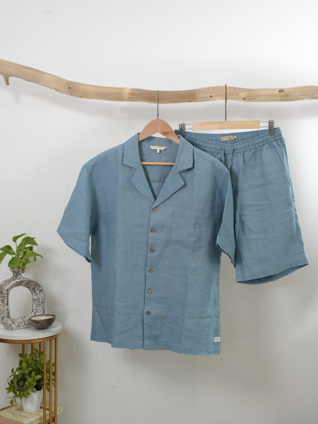 Resort collar Shirt and Shorts Co-ords - Men- 100% Premium Linen - Aquamarine Blue