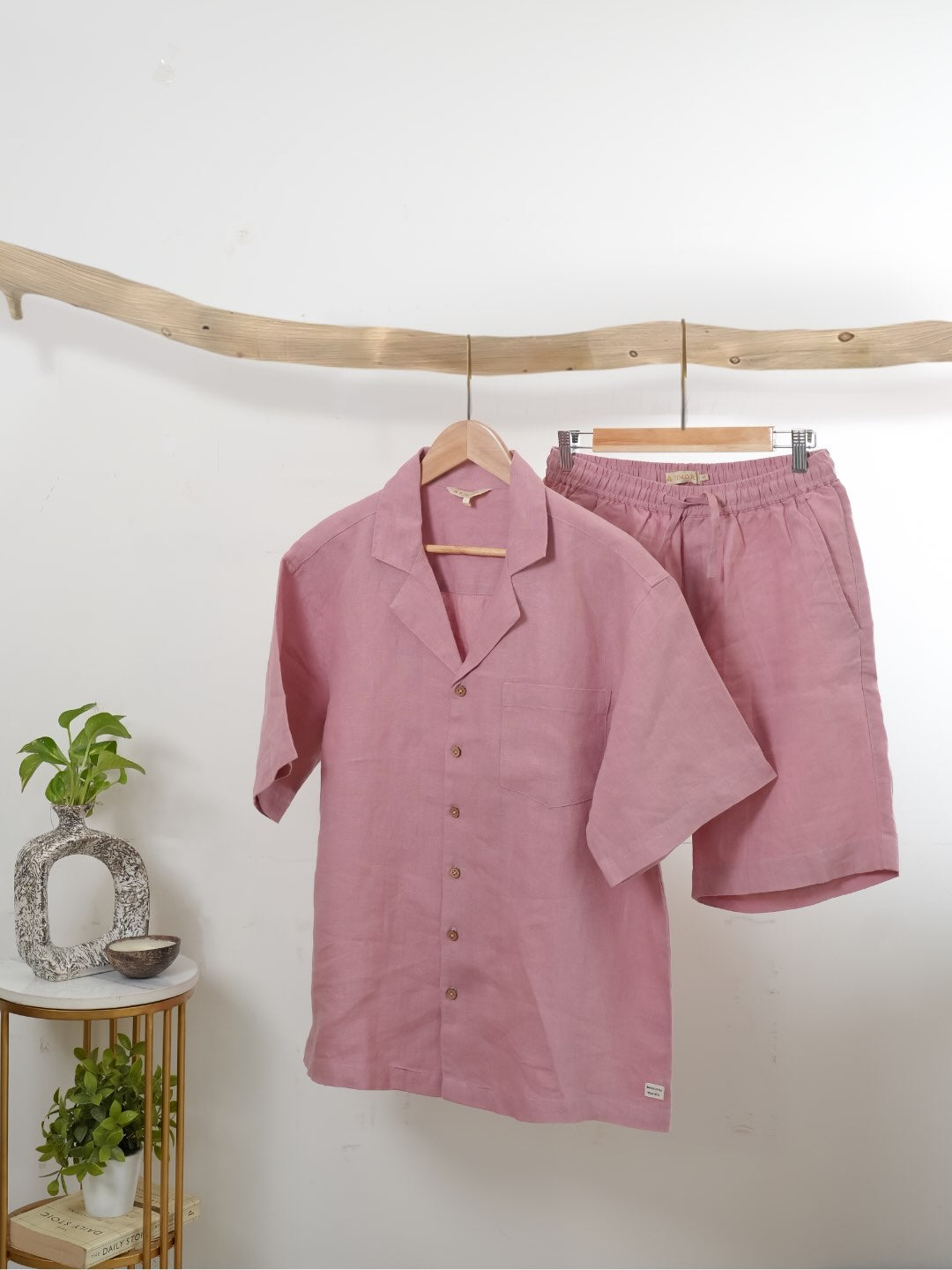 Resort collar Shirt and Shorts Co-ords - Men- 100% Premium Linen - Rose