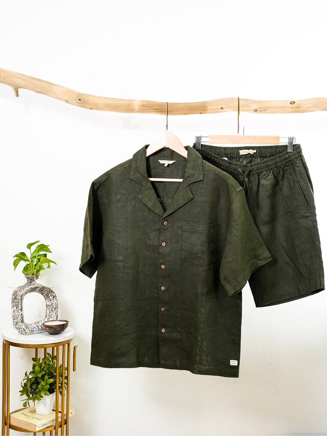 Resort collar Shirt and Shorts Co-ords - Men- 100% Premium Linen - Olive
