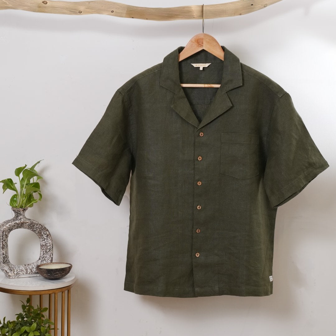 Linen Resort Collar Short Sleeve Shirt for Men- Olive