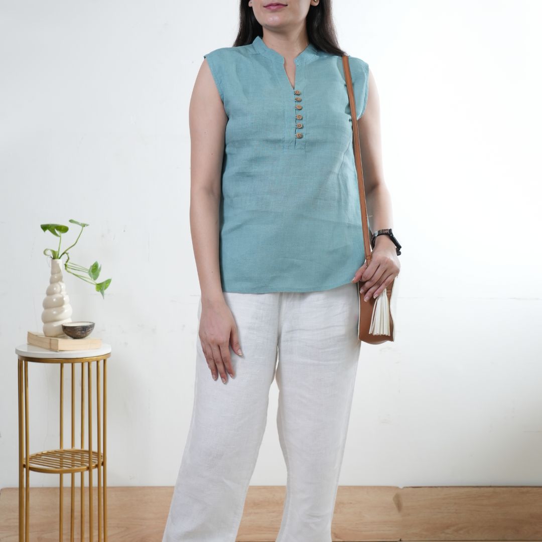 100% Linen Mandarin Collared Top - Women