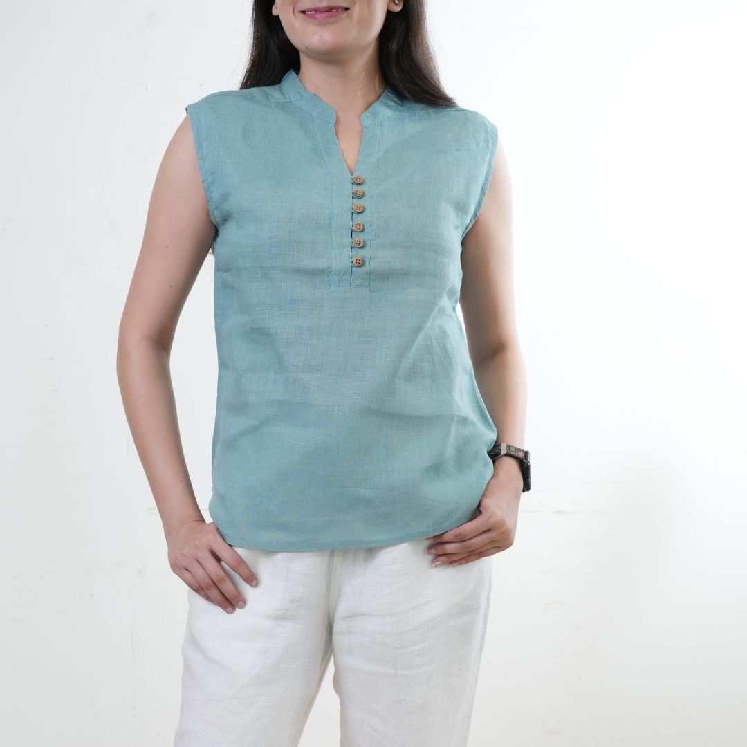 100% Linen Mandarin Collared Top - Women