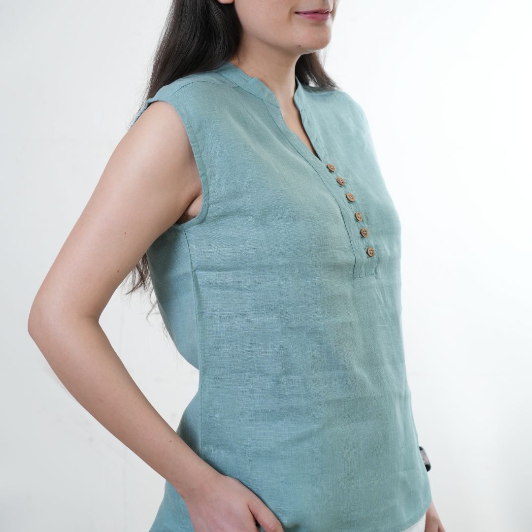 100% Linen Mandarin Collared Top - Women