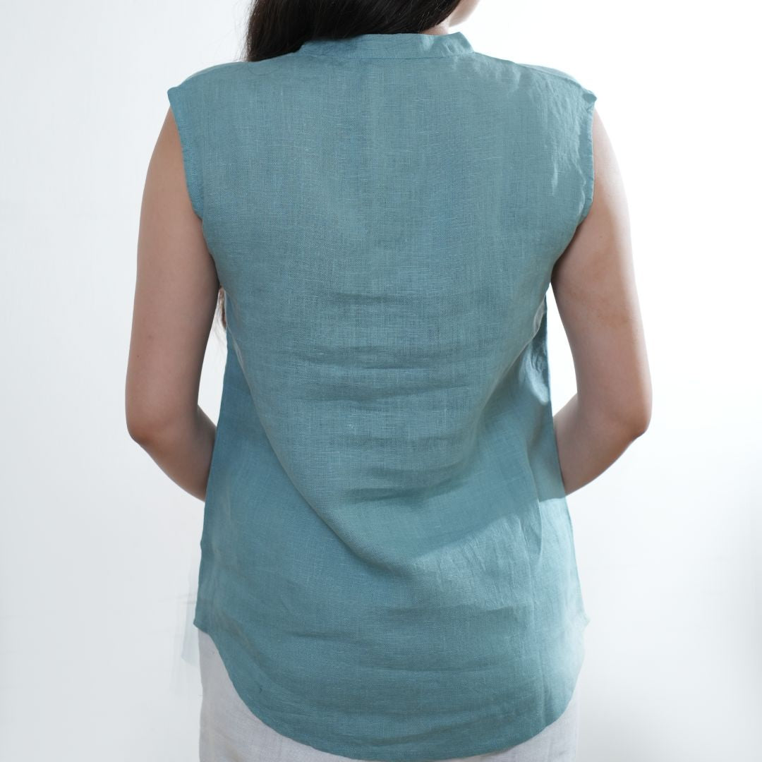 100% Linen Mandarin Collared Top - Women