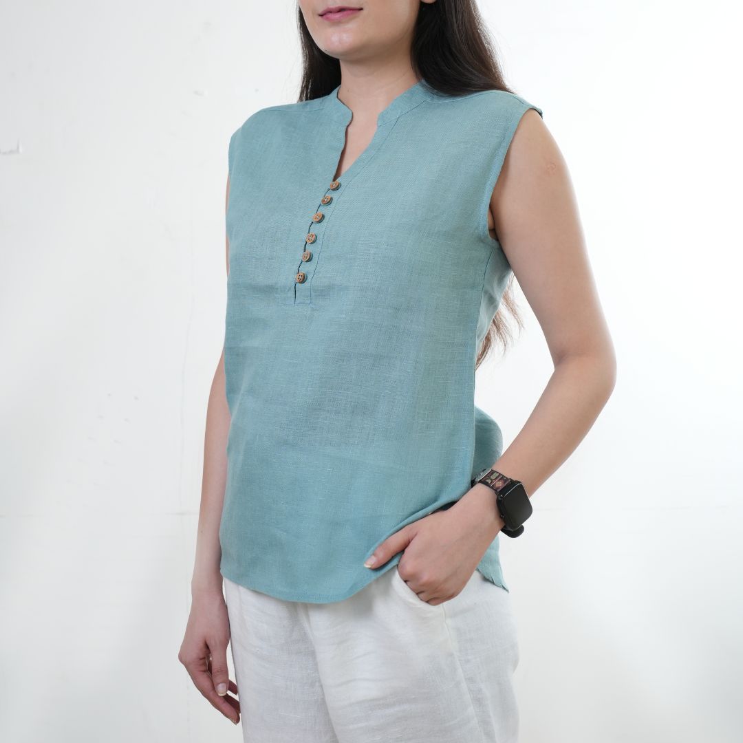 100% Linen Mandarin Collared Top - Women