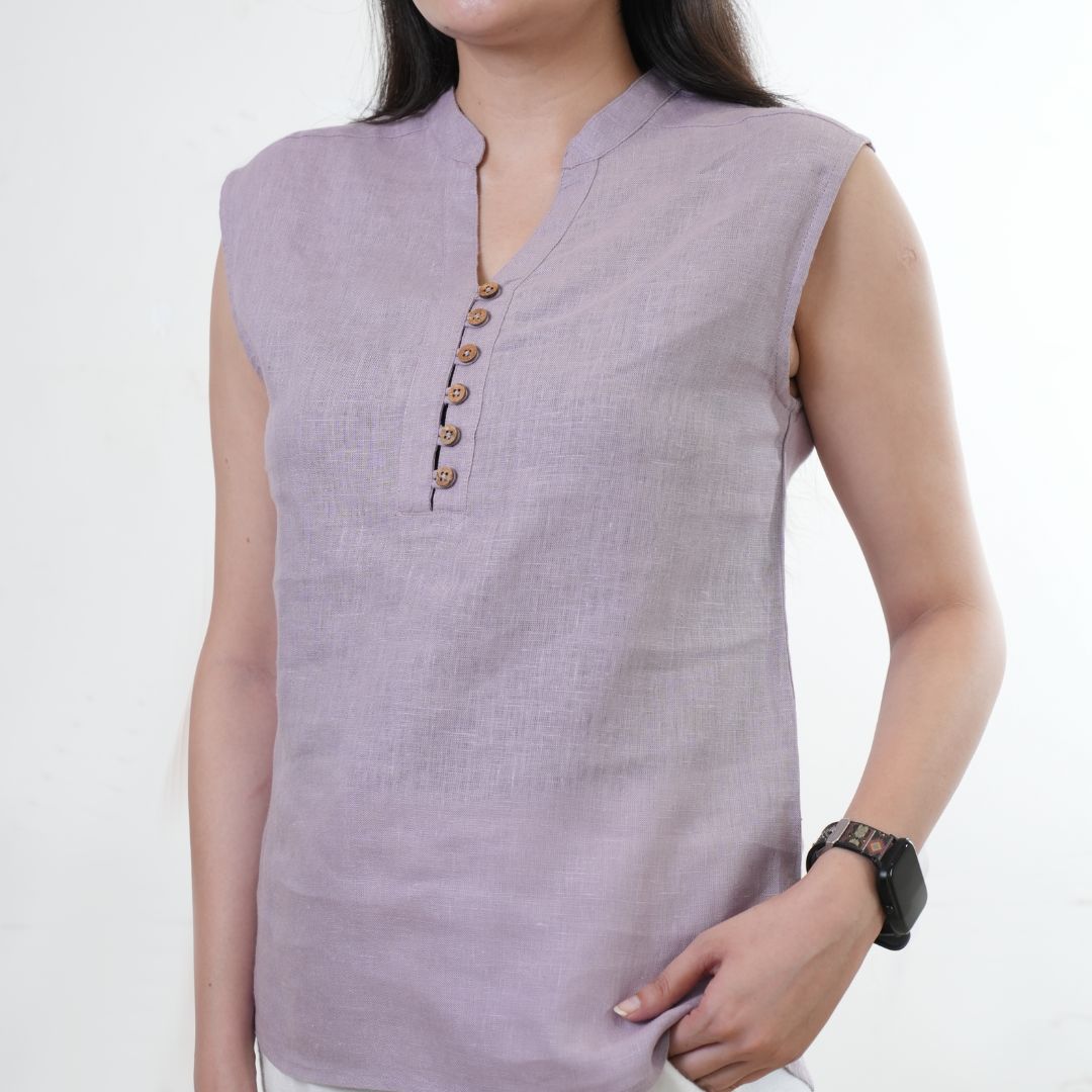 100% Linen Mandarin Collared Top - Women