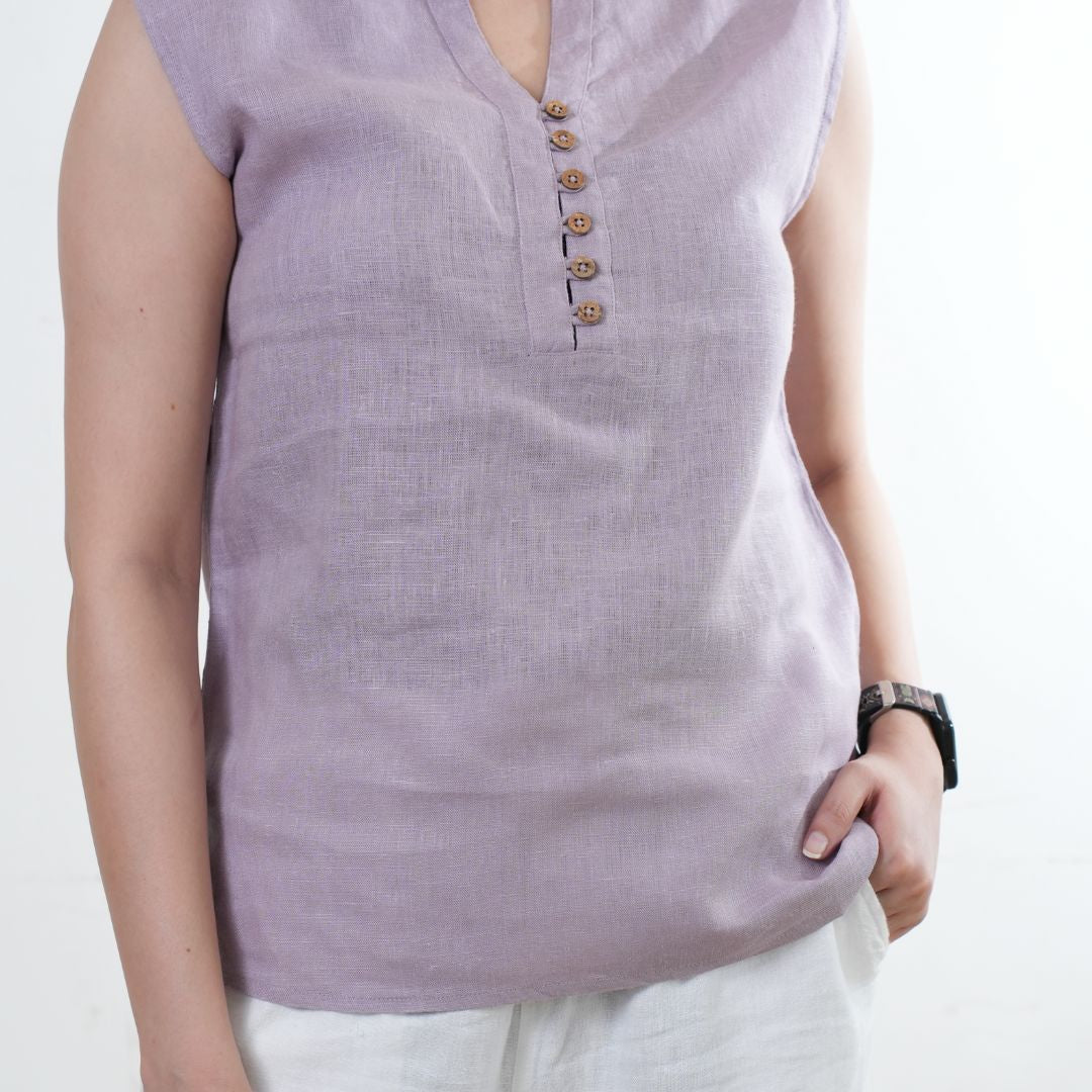 100% Linen Mandarin Collared Top - Women