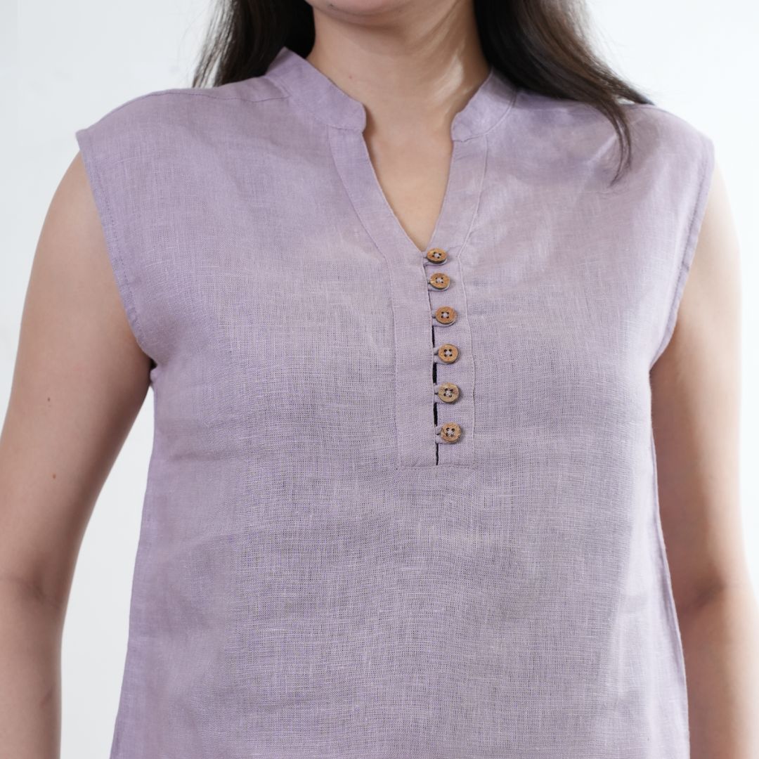 100% Linen Mandarin Collared Top - Women