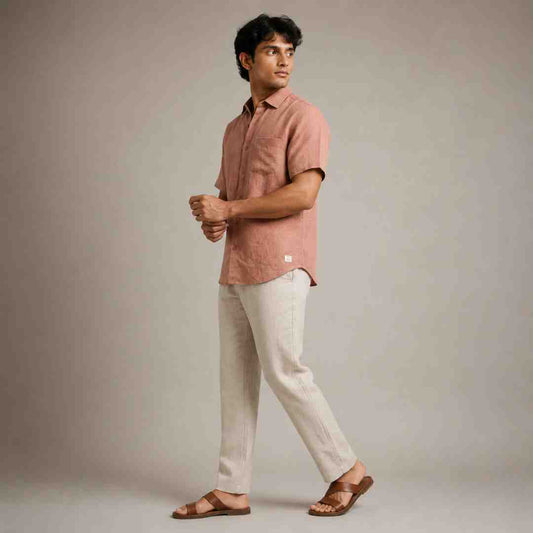 Linen Half-Sleeve Regular Collar Shirt for Men- Copper