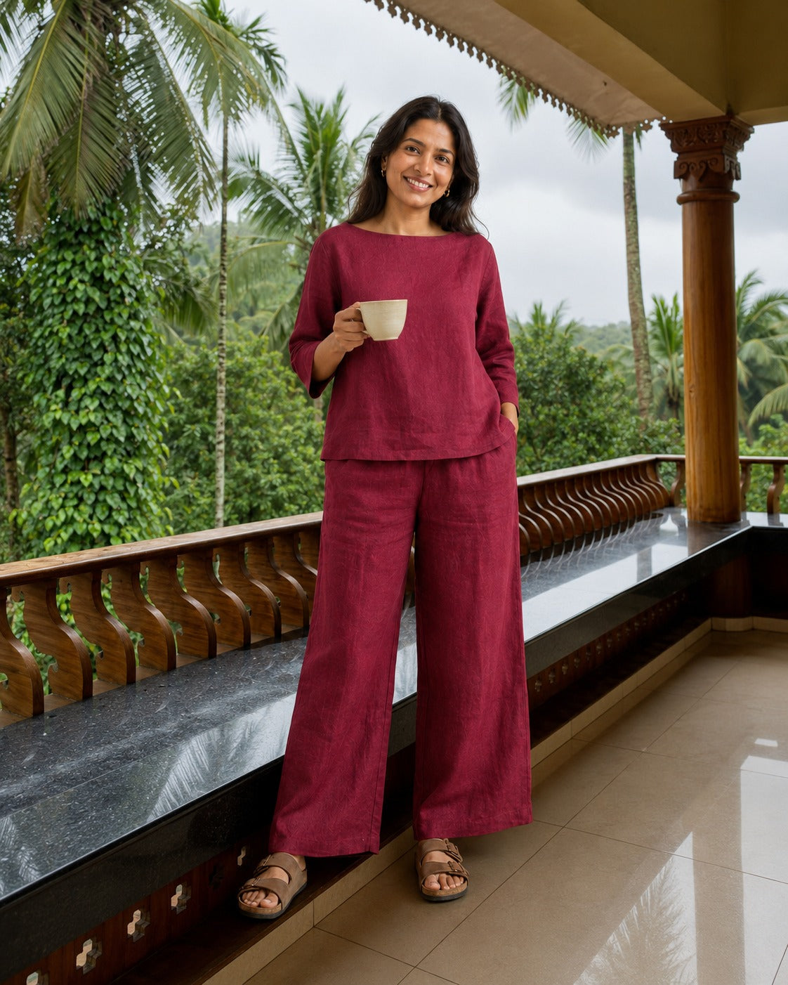 Linen Wide Leg Co-ord Set for Women — Brick Red