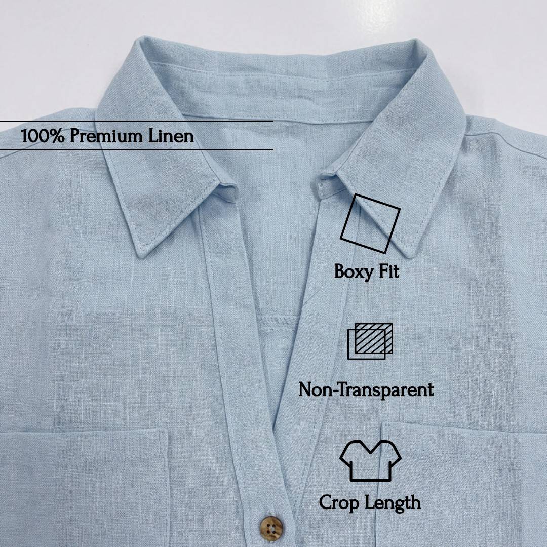 Oversized Boxy Crop Linen Shirt for Women- Sky Blue