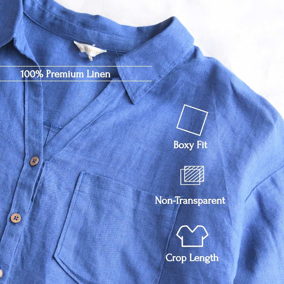 Oversized Boxy Crop Linen Shirt for Women- Midnight Blue