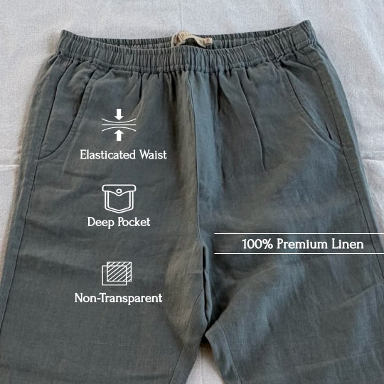 100% Pure Linen Relaxed Fit Pants for Men - Grey