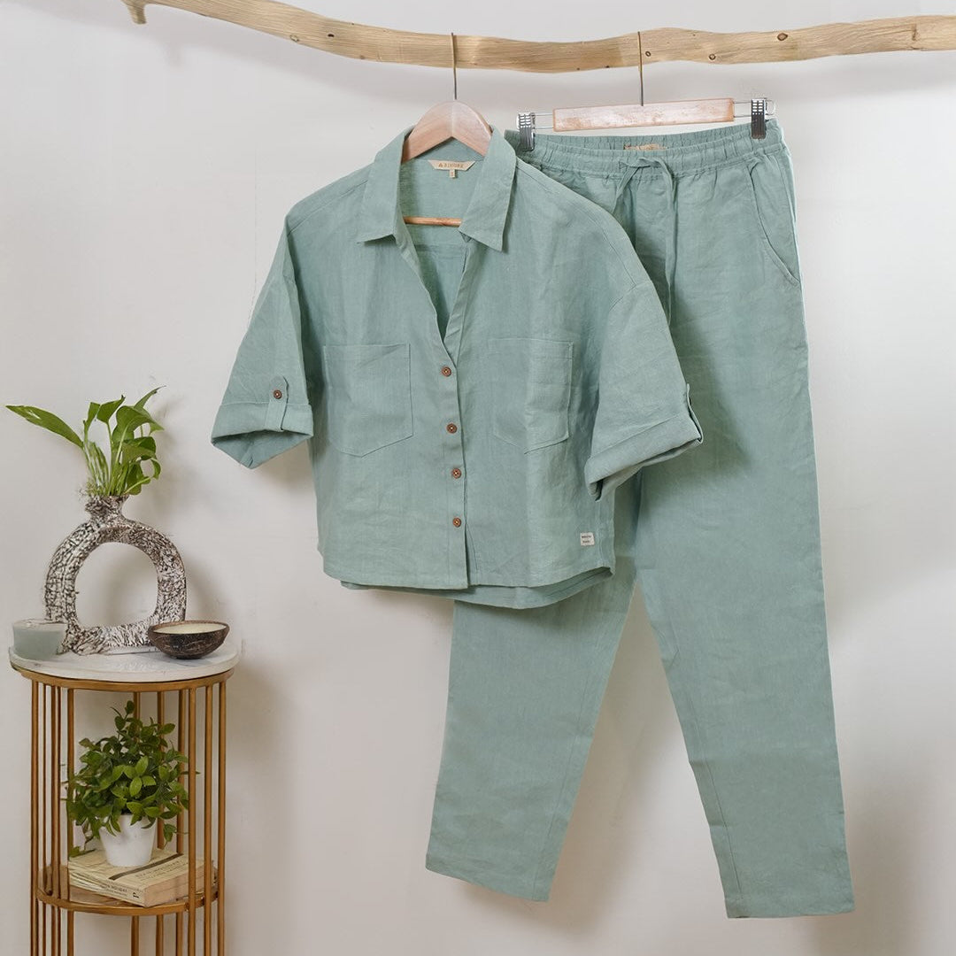 Linen Relaxed Co-ord Set for Women- Sage