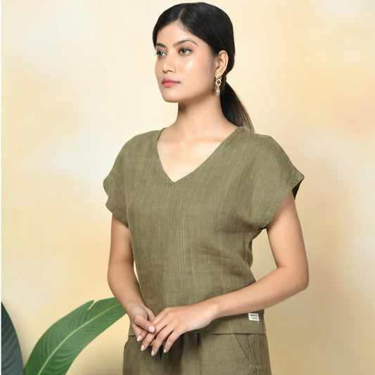 Linen Boxy Crop Top & Relaxed Pants Set for Women- Olive