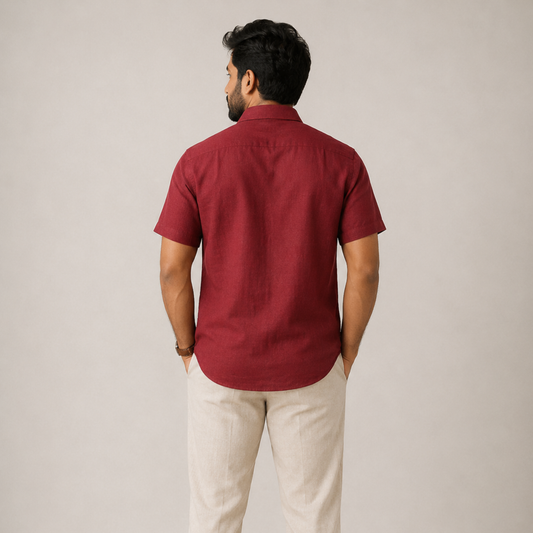 Linen Half-Sleeve Regular Collar Shirt for Men- Brick Red