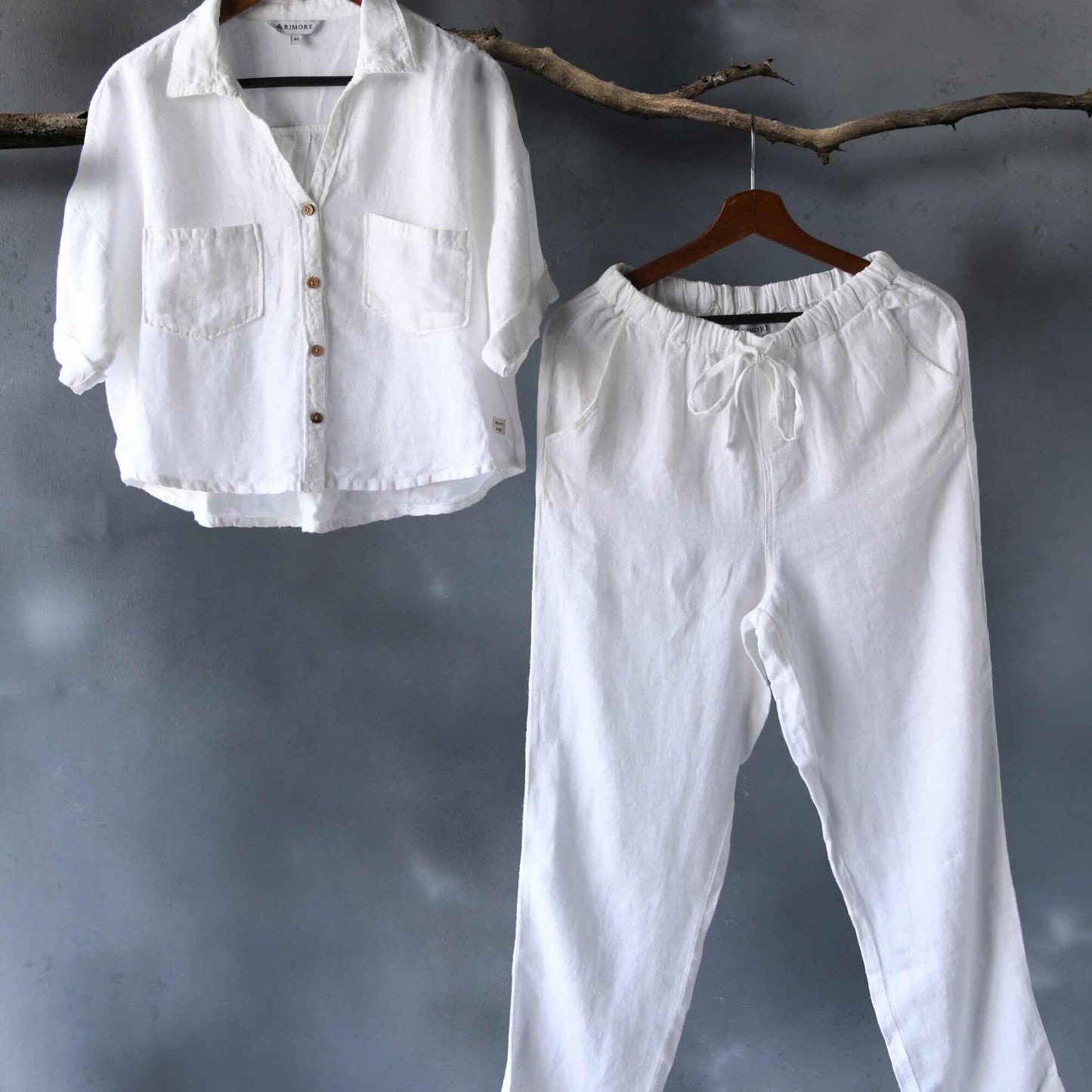 Crop shirt and Relaxed fit Pant Co-ord Set - Women- 100% Premium Linen - White