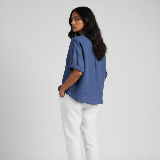 Oversized Boxy Crop Linen Shirt for Women- Midnight Blue