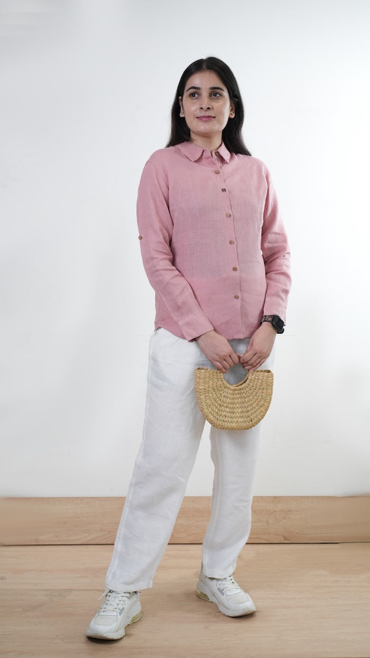100% Linen Full-sleeved Regular Linen Shirt - Women