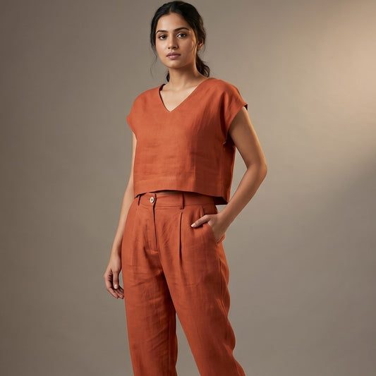 Linen Boxy Crop Top & Carrot Pants Set for Women- Rust