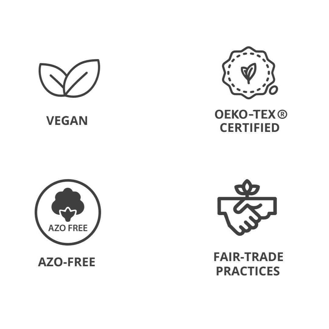 Set of icons representing various sustainability and ethical certification logos on a white background.