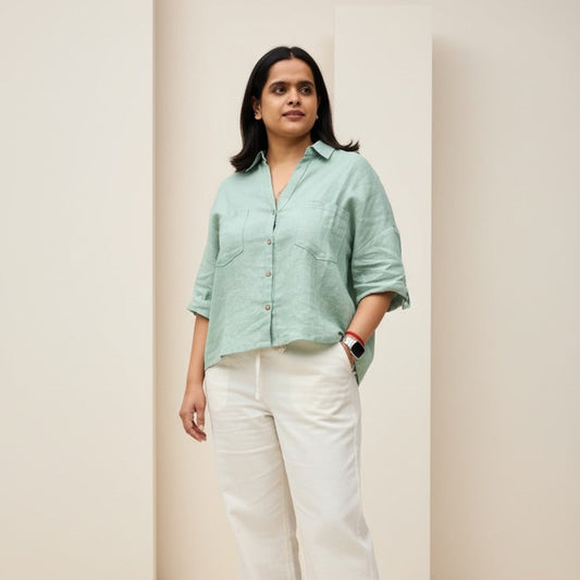 Oversized Boxy Crop Linen Shirt for Women- Sage