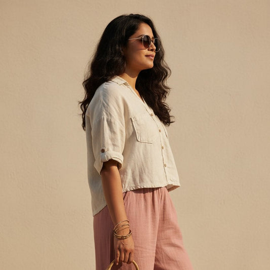 Oversized Boxy Crop Linen Shirt for Women- Beige