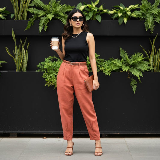 Linen Carrot Pants for Women- Rust
