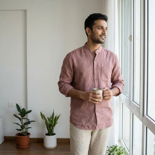 Linen Chinese Collar Shirt for Men- Copper