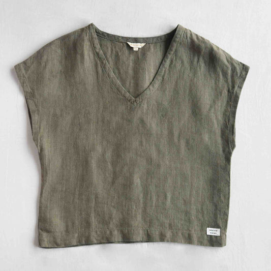 Linen Boxy Crop Top for Women- Olive