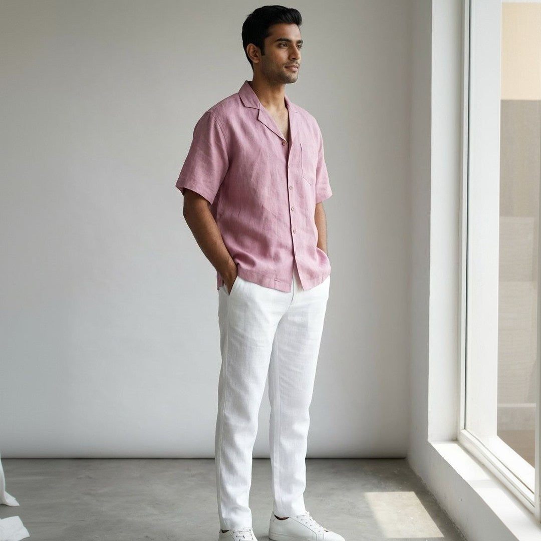Linen Resort Collar Short Sleeve Shirt for Men- Rose