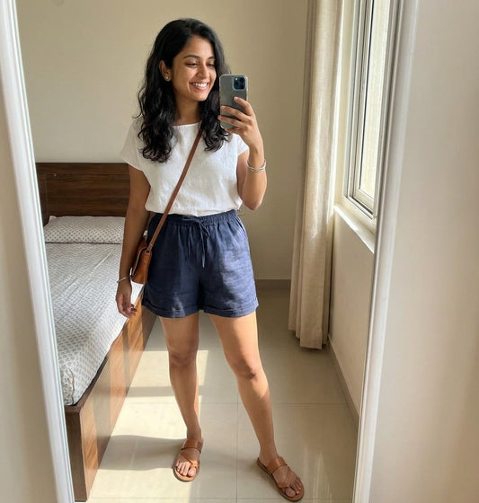 Linen Shorts for Women- Navy