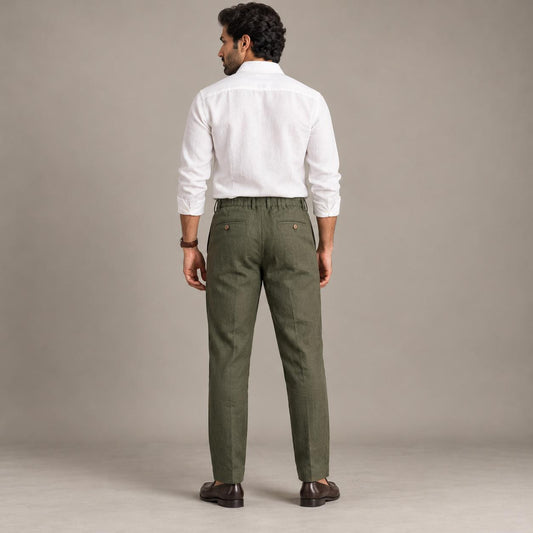 100% Pure Linen Chinos for Men - Olive
