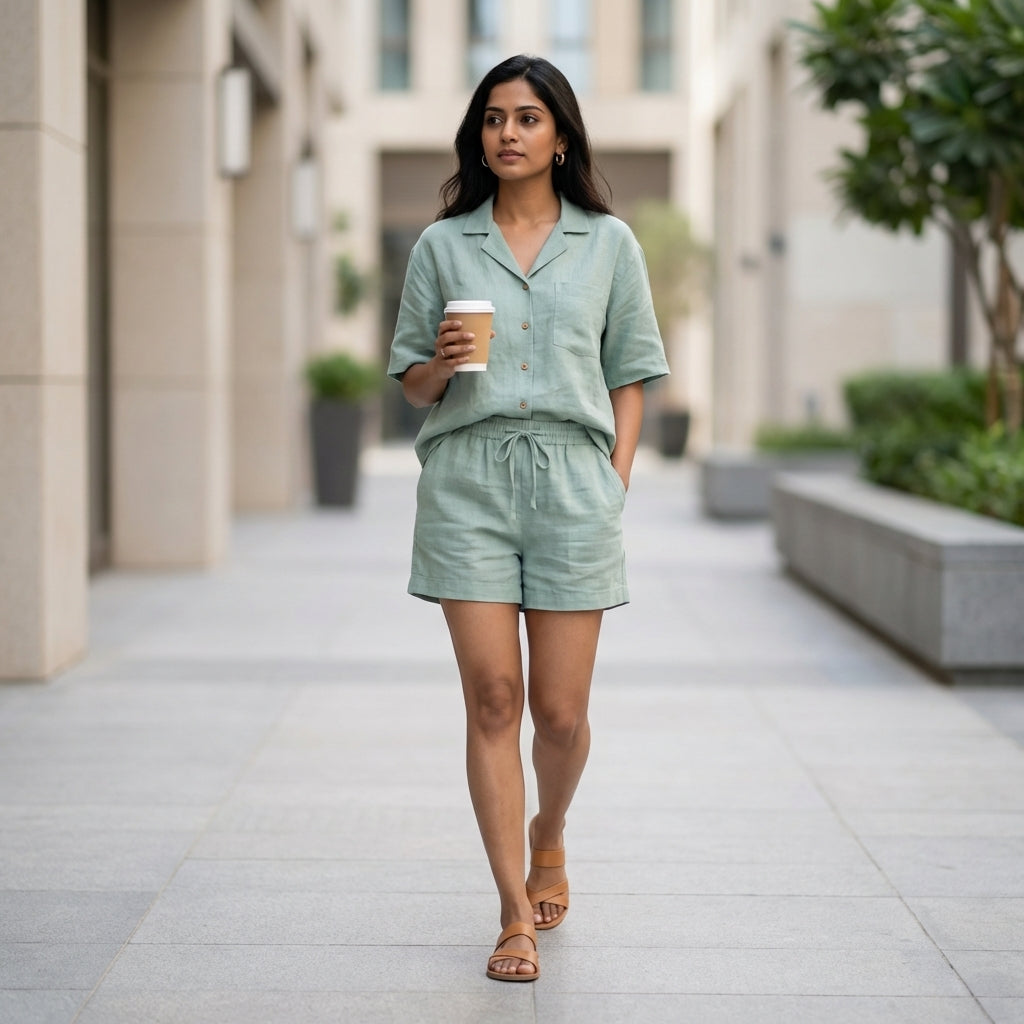 Linen Shorts Co-ord Set for Women-Sage