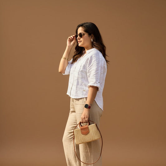 Oversized Boxy Crop Linen Shirt for Women- White