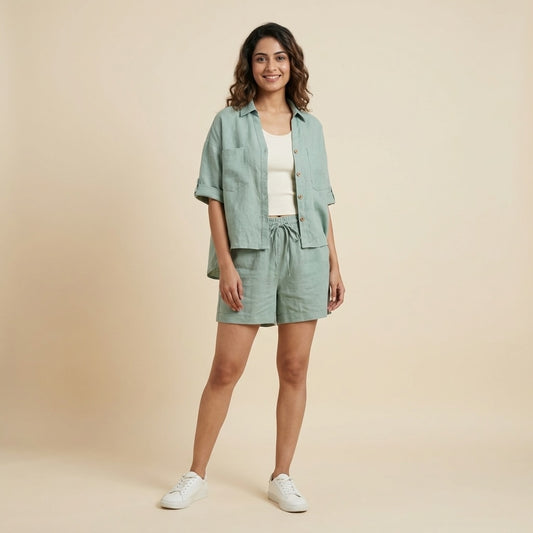 Linen Shorts Co-ord Set for Women-Sage