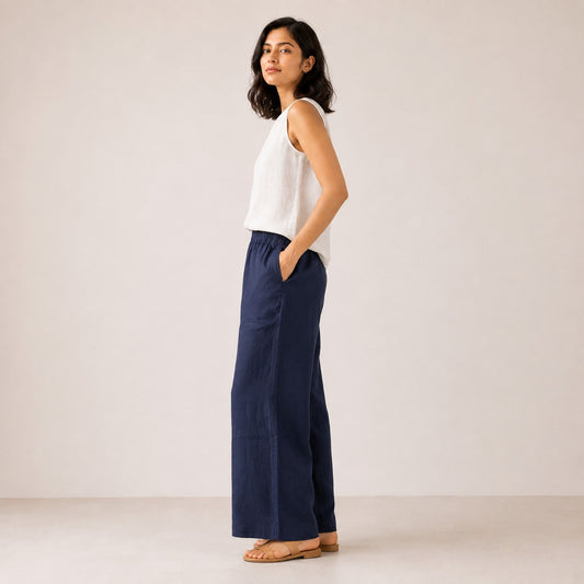 100% Pure Linen Wide-Leg Pant for Women - Navy