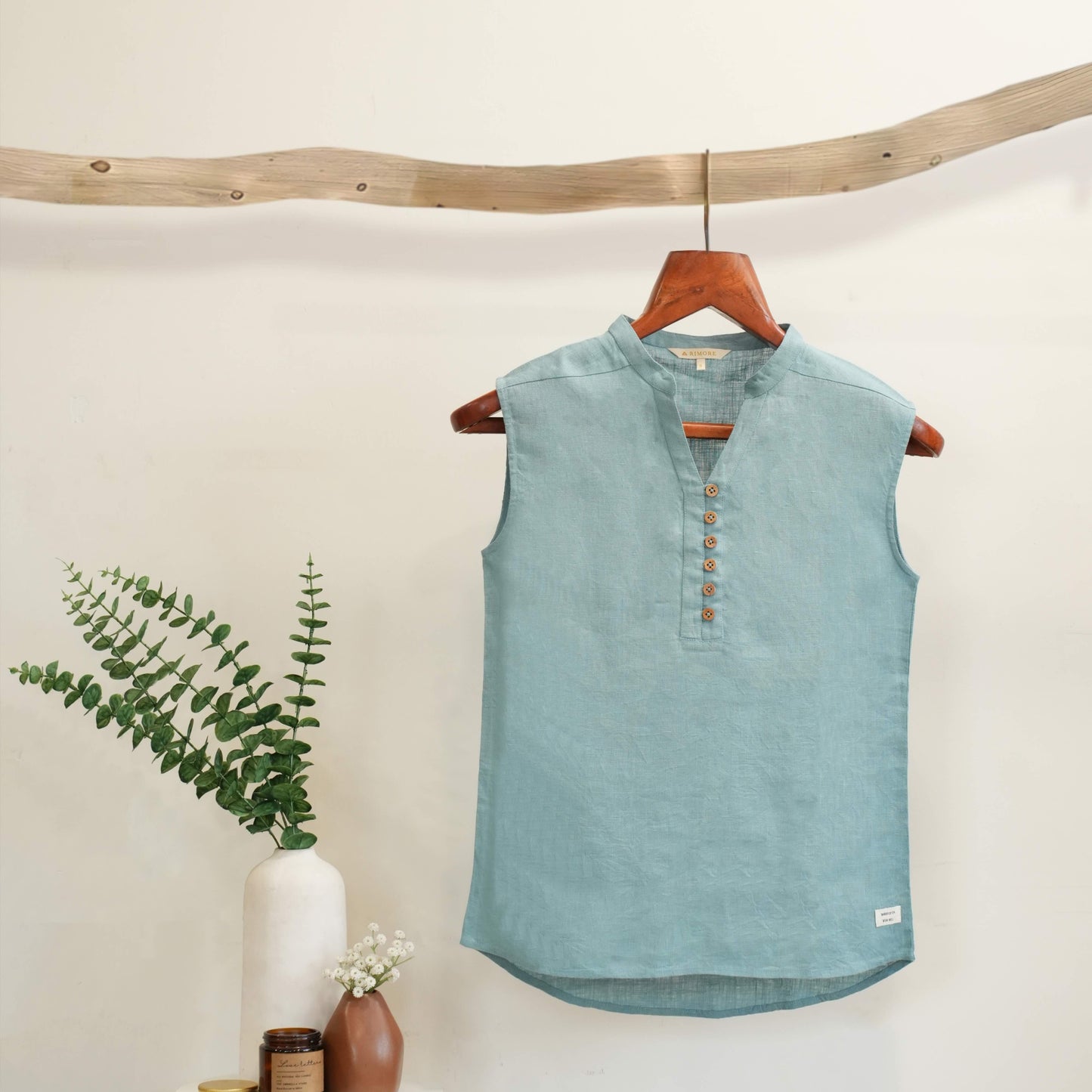 Mandarin Collared Top - 100% Linen - Women - Muted Sage