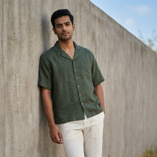 Linen Resort Collar Short Sleeve Shirt for Men- Olive