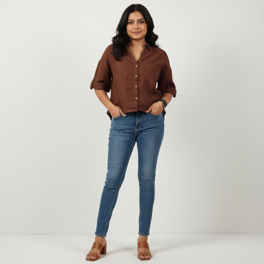 Oversized Boxy Crop Linen Shirt for Women- Brown