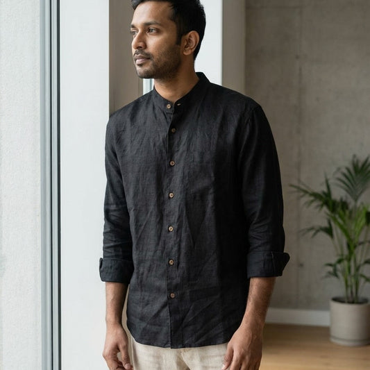 Linen Chinese Collar Shirt for Men- Black
