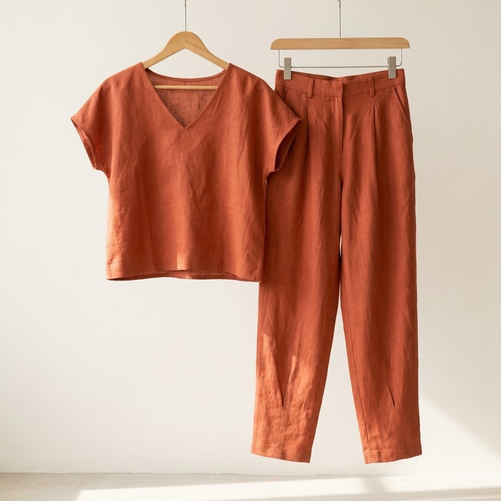 Linen Boxy Crop Top & Carrot Pants Set for Women- Rust