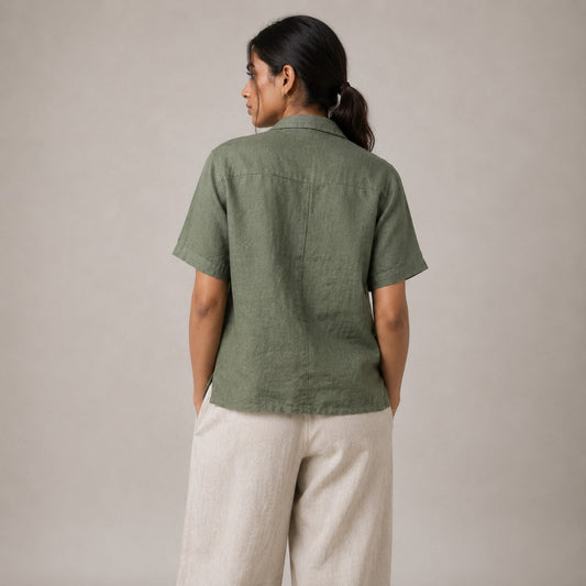 Open Collar Half Sleeve Linen Shirt - Women - Sage