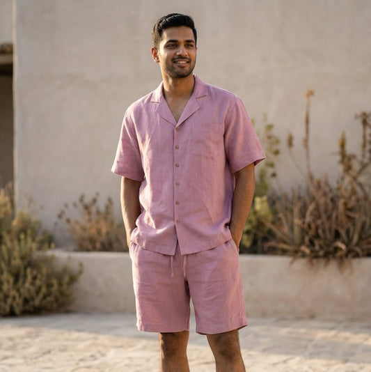 Linen Resort Collar Shirt & Shorts Set for Men- Rose