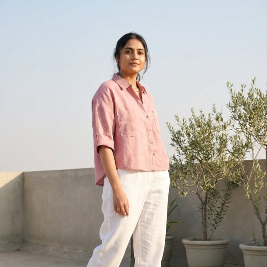 Oversized Boxy Crop Linen Shirt for Women- Rose