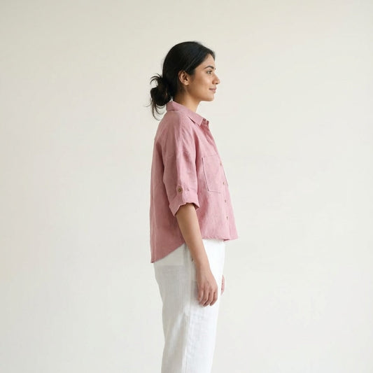 Oversized Boxy Crop Linen Shirt for Women- Rose
